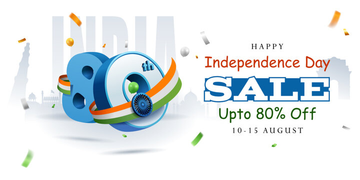 happy 80th independence day of india sale banner 3d illustration with wavy ribbon and confetti
