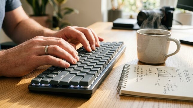 Typing on a computer keyboard with a cup of coffee and notepad on desk, close-up of hands at work