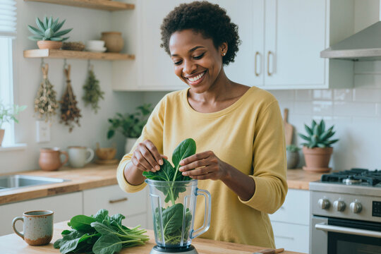 African American young adult woman adding spinach into blender in kitchen, preparing healthy smoothie and clean eating meal. Ideal for nutrition, wellness, diet, home cooking marketing