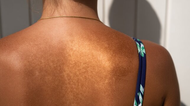A sun-kissed back reveals tan lines contrasting with smooth skin under sunlight
