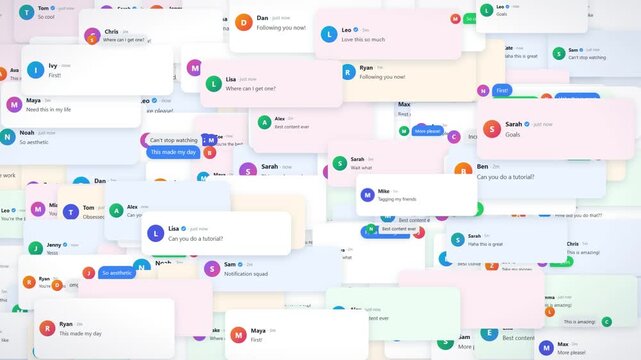 Social media notification cards collage with comments likes and message bubbles seamless loop