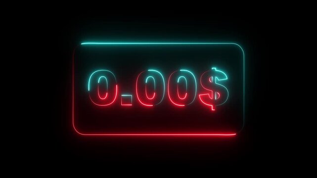 glowing neon Zero cost icon isolated on black background. Empty bank account. Minimalism concept. 4k video animation black background. Motion graphics of concept