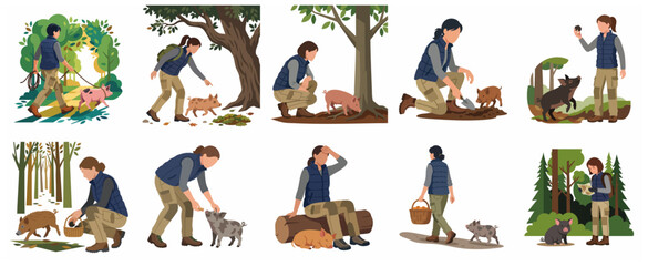 Set of flat vector illustrations of a woman and her piglet foraging for truffles in the forest, exploring nature, and discovering gourmet mushrooms. © Noorr