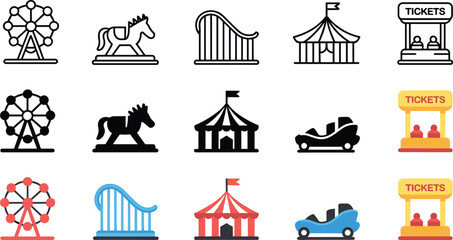 Amusement park icon set with ferris wheel roller coaster circus tent ticket booth and bumper car vector © MdDulal