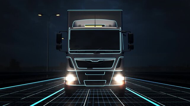 Autonomous Semi Truck Driving at Night with AI HUD Technology Visualization. Self-Driving Electric Cargo Semi-Truck Scans Road and Activates Smart Autopilot Controls for Future Logistics Concept