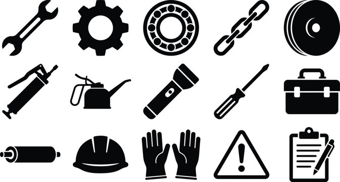 Black and white industrial tools and equipment icons for workshop or maintenance
