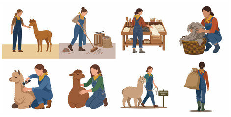 Set of Flat Vector Illustrations Depicting Alpaca Farming, Wool Shearing, and Fiber Processing Activities © Noorr