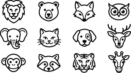 Fototapeta premium Collection of animal faces vector icons in outline style art.