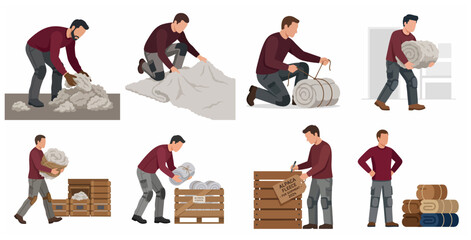 Set of industrial workers processing alpaca fleece, from sorting and rolling to packing and labeling for shipment, flat vector illustration. © Noorr