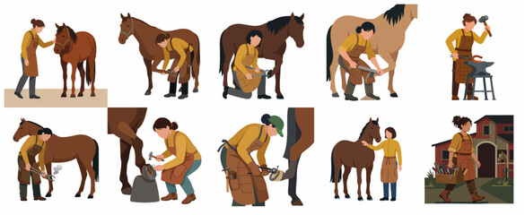Obraz premium Female farrier at work shoeing and caring for horses set of flat vector illustrations