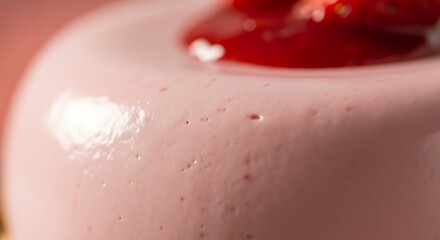 Fototapeta premium Close-up of a delicate pink dessert with a vibrant red topping, showcasing its smooth texture and sweet appeal.