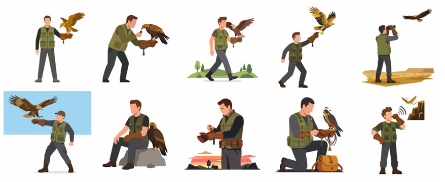 Vector illustration set of men practicing falconry with eagles and hawks in various training poses and outdoor activities
