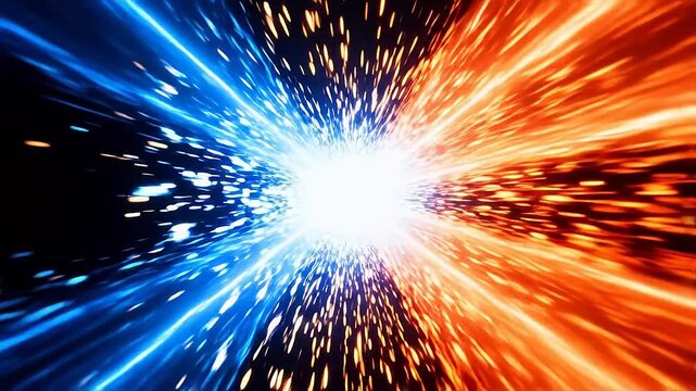 Blue and orange beams collide in dark space