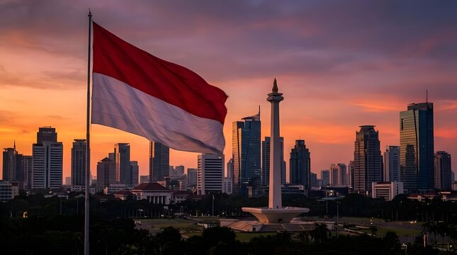 Indonesian flag overlooking Jakarta city skyline at dusk.