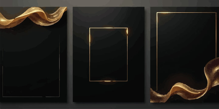 Set of three vertical black displays with thin gold borders and wavy golden flowing accents background minimalist geometric rectangle metallic decoration celebration abstract template