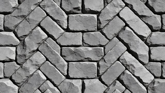 seamless, repeating pattern of interlocking stone bricks. Each brick is rectangular, with a textured surface that mimics the appearance of rough, gray stone. The bricks are arranged in a herringbone p
