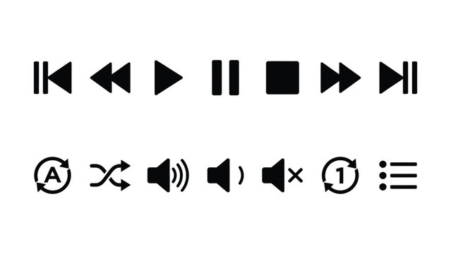 Set of media player control icons with transparent background