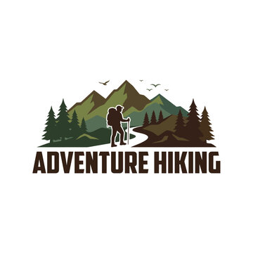 An eye-catching logo portraying a hiker amidst mountains and trees captures the adventurous spirit perfect for outdoor and hiking brands.