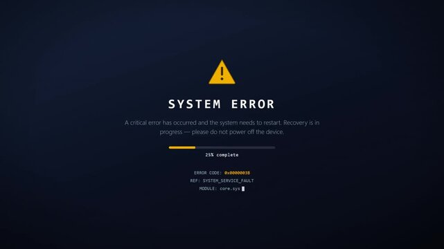 System error screen with warning icon and recovery progress bar filling during critical failure