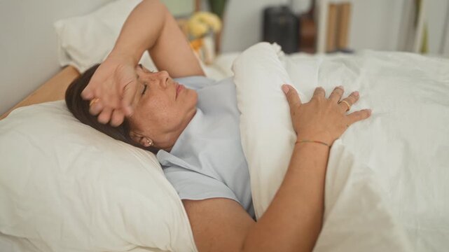 Woman lying in bed with hand on forehead and other hand clutching pillow inside a building bedroom; fatigue recovery.