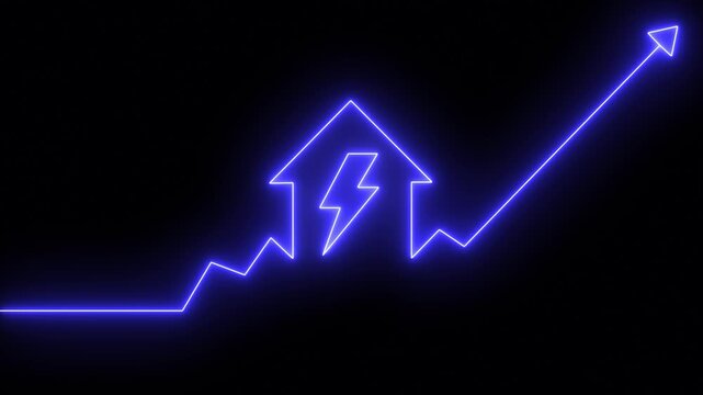 home icon house sign neon lights animation with up arrow charging icon .neon house home building animation. neon home business graph icon animation .4k motion video animation .