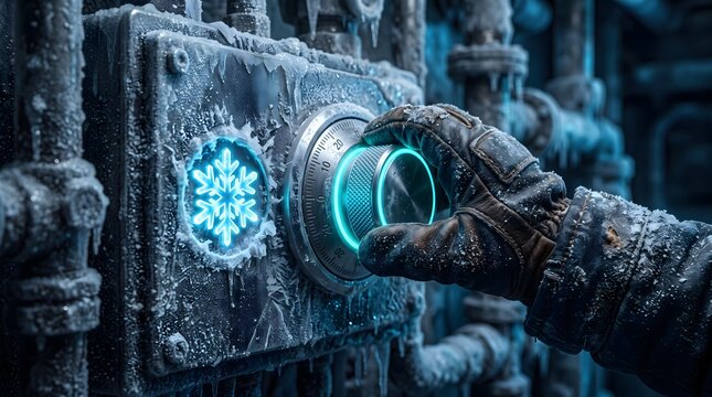 Hand in Winter Glove Adjusting a Futuristic Industrial Thermostat Control Panel with Glowing Snowflake Symbol in Extreme Cold Environment