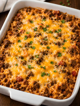 A delicious homemade ground beef and rice casserole topped with melted cheddar cheese and fresh parsley in a white baking dish