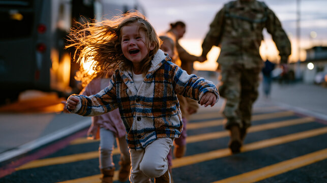 A uniformed soldier steps off a military transport bus onto a tarmac at dusk as a spouse and two children sprint across the painted asphalt toward him, arms outstretched, all faces caught mid-cry of