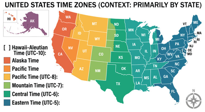 US Map, Educational United States map vector graphic illustrating national time zones including Eastern Central Mountain Pacific and Alaska with state abbreviations and UTC legend