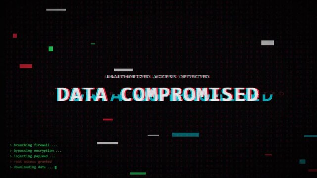 Cyber attack hacker glitch text animation with security breach and system hacked warnings