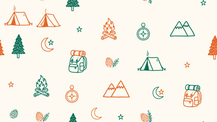Camping and outdoor adventure pattern with hand drawn icon set adventure campfire mountain backpack wilderness © Rubel