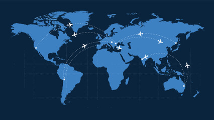 World map with airplane travel routes and flight paths airplane aviation connection transport logistics traveling © Rubel