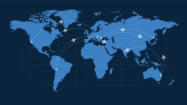 World map with airplane travel routes and flight paths airplane aviation connection transport logistics traveling