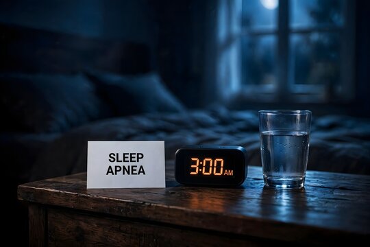 Sleep Apnea concept with digital alarm clock showing 300 AM on a wooden bedside table in a dark bedroom