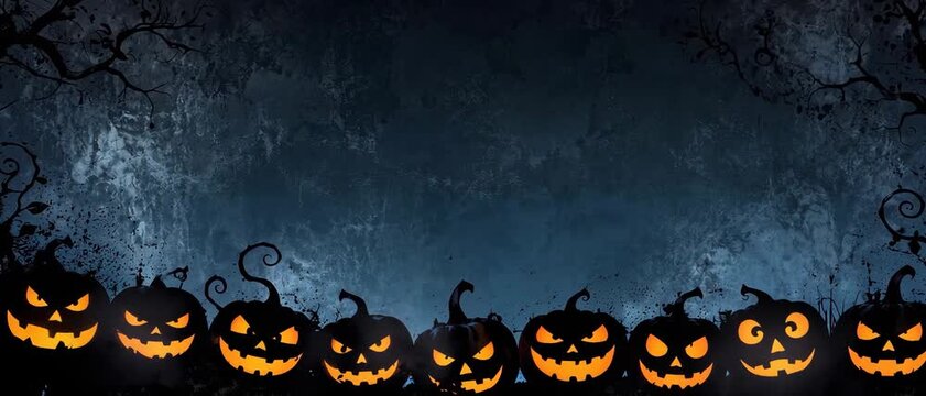 Spooky Halloween Background with Glowing Jack O Lantern Pumpkins and Twisted Trees, Haunted Autumn Scene, Dark and Navy Blue Holiday Design, Seasonal Banner, Panoramic Video