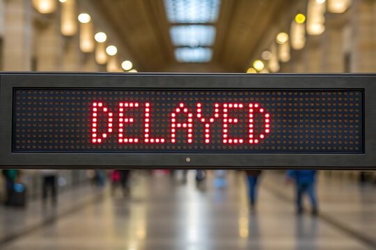 Electronic sign board showing delayed status in busy train station with transport electronic notification schedule