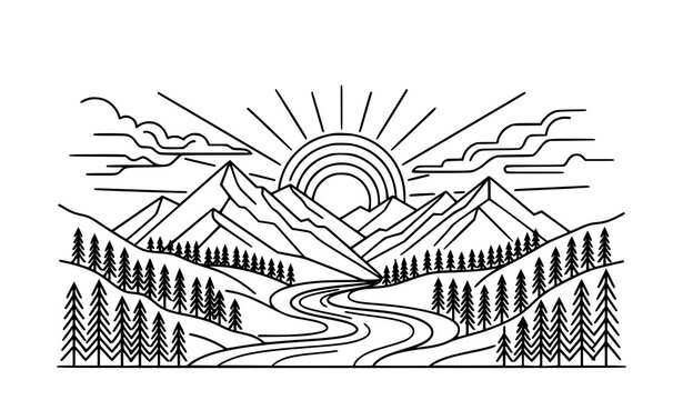 Minimalist mountain landscape with river and rising sun line art