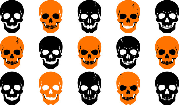 A pattern of black and orange halloween skull icons on a white background during a festive celebration