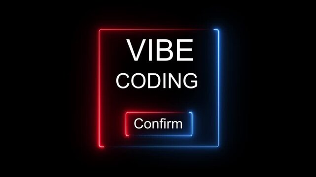A reaches for a confirm button surrounded by code representing vibe coding, low code, coding programs in a futuristic 4k video