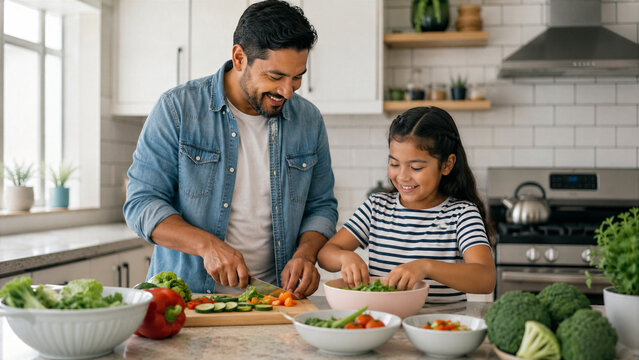 Single Father and Daughter Preparing a Healthy Family Meal at Home