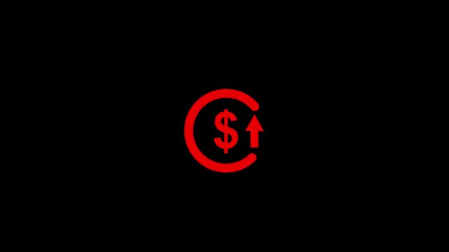 Abstract increase icon on black background. Dollar rate up looped icon. Reduce costs sign and symbol. 4k video animation