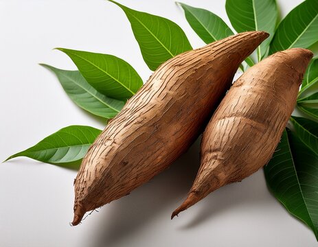 fresh cassava roots with green leaves on light background copy space product shot
