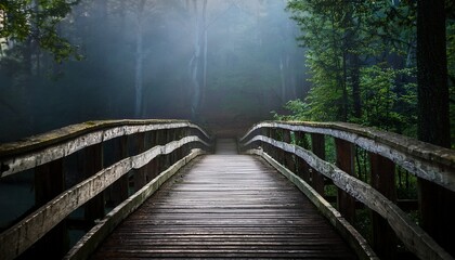 Obraz premium wooden bridge leading into a dark forest with mysterious atmosphere