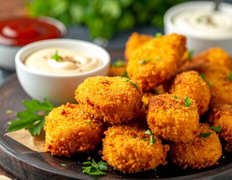 Knusprige Chicken Nuggets mit verschiedenen Dips