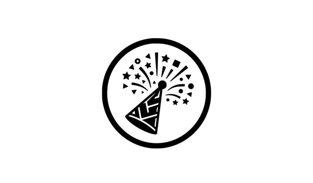 Celebration icon party popper with fireworks in a circular frame