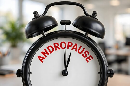 Alarm clock with Andropause text representing male menopause and aging health issues