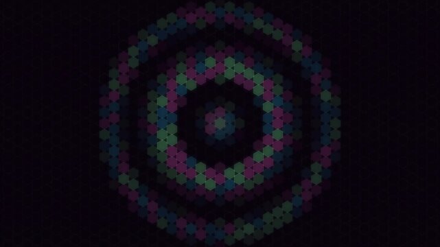 Dark hexagonal fractal pattern with neon teal and purple concentric rings radiating from center.