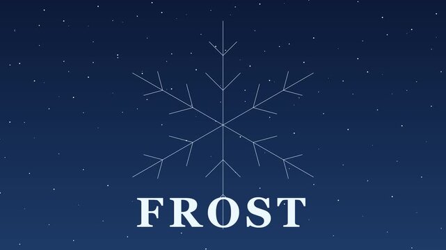 Minimalist frost snowflake animation on dark blue starry night 4k background, for winter holiday seasonal