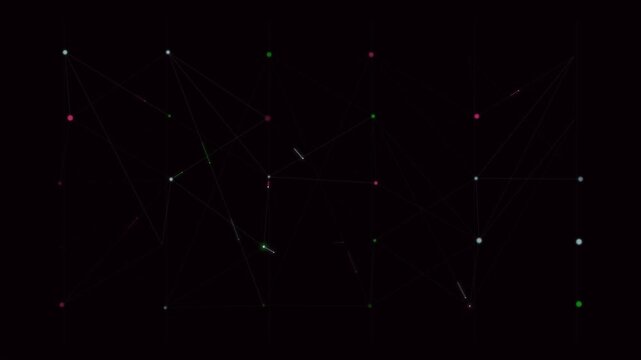Dark background features interconnected nodes with colorful dots forming abstract geometric connections.