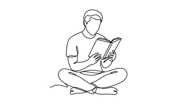 A continuous line drawing of a person sitting cross-legged and reading a book.